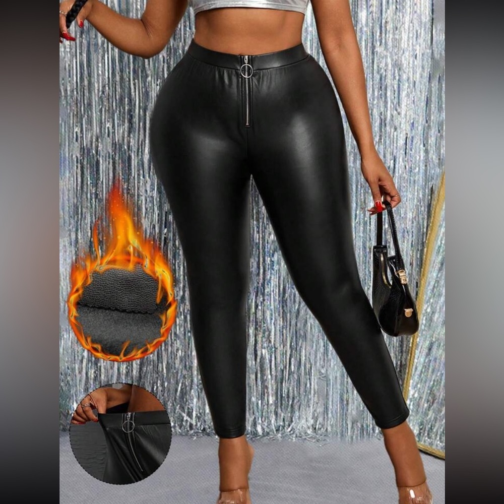 SHEIN Plus Black Circle Ring Zip-Up Leather Pants